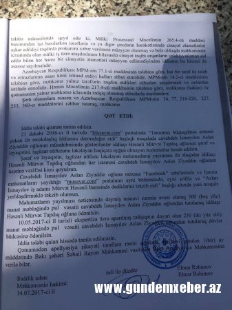 MÜRVƏT HƏSƏNLİ ASLAN İSMAYILOVA QALİB GƏLDİ! – “Böhtançı olduğu sübut olundu” (QƏRAR)