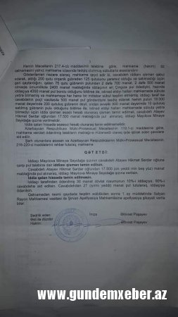 “Mənə 18 min manat pulu ödəməmək üçün Hikmət Atayev dəridən-qabıqdan çıxır”-MÜLKİ İDDİA