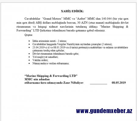 “Grand Motors” MMC və “Azfert” MMC Gürcüstan şirkətinə 140,044 ABŞ dolları olan borcunu niyə ödəmir?-VİDEO