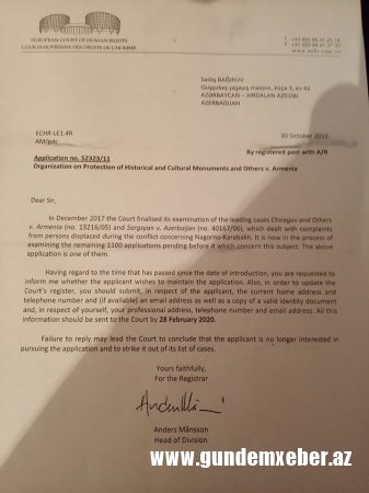 Ermənistan Məhkəmədə cavabdeh qismində dindiriləcək