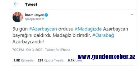 Azərbaycan Prezidenti elan etdi: Madagiz işğaldan azad olundu